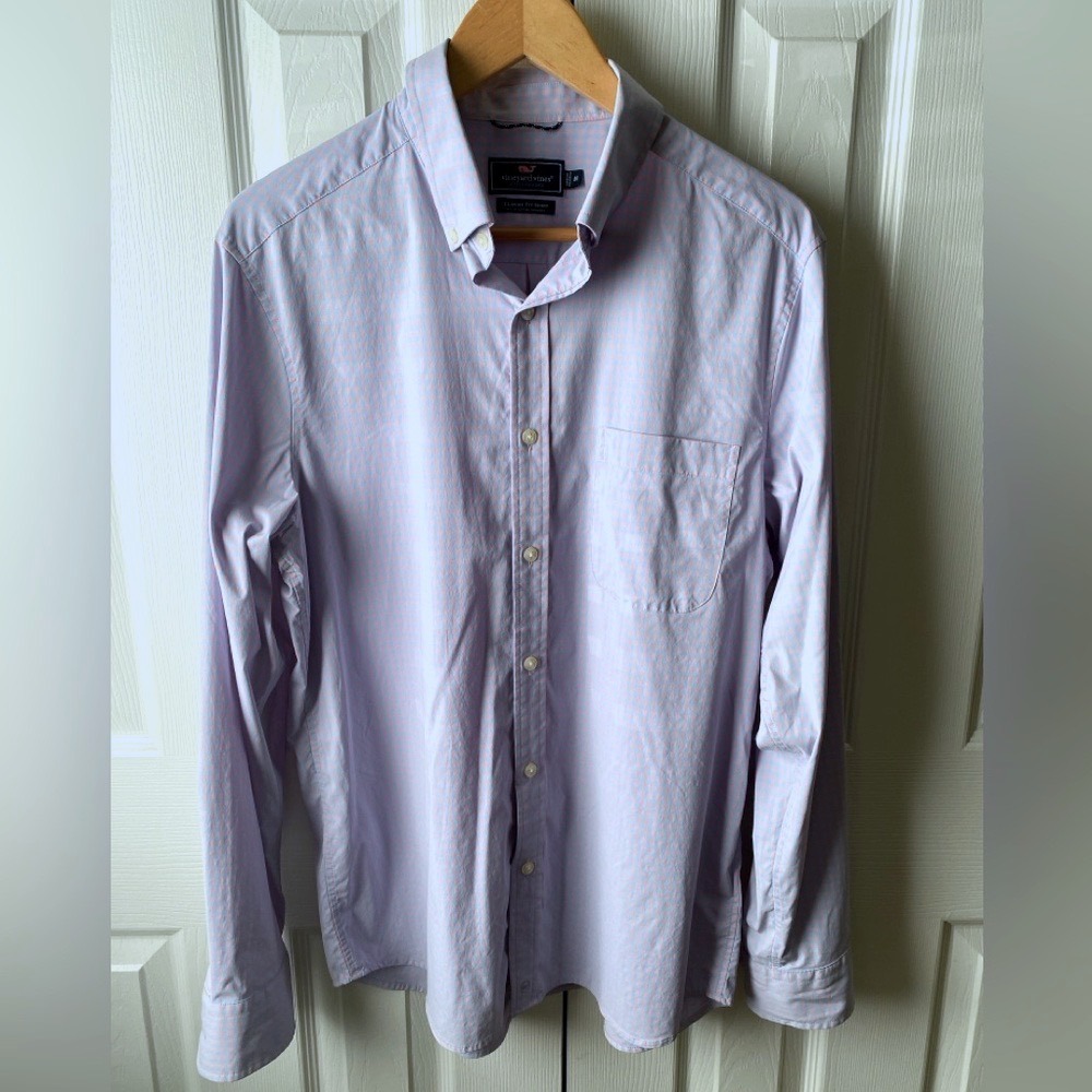 vineyard vines Blue/Pink Gingham Check Nylon On-the-Go Performance Shirt SZ M